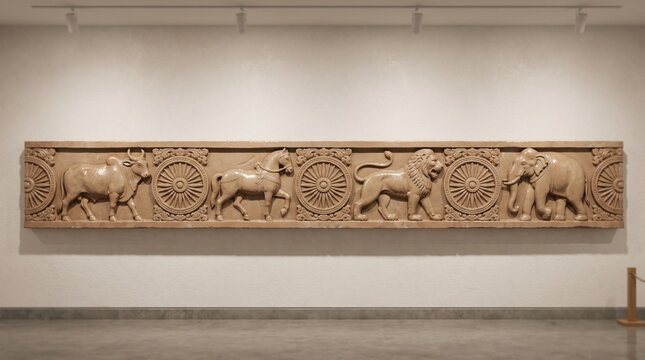 Ashoka Pillar animals and Dharmachakra relief carving in museum