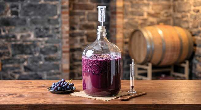 Fermenting purple grapes in a glass carboy on a wooden workbench. Winemaking process in a cellar with a wine barrel and fresh grapes