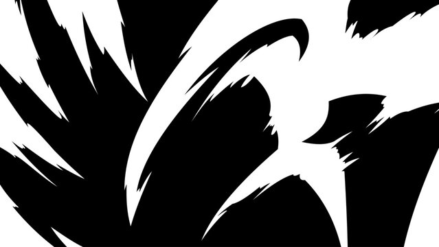 Abstract black and white manga background with bold sweeping brush strokes, sharp curved shapes and dramatic high contrast forms, creating a powerful dynamic comic action effect.