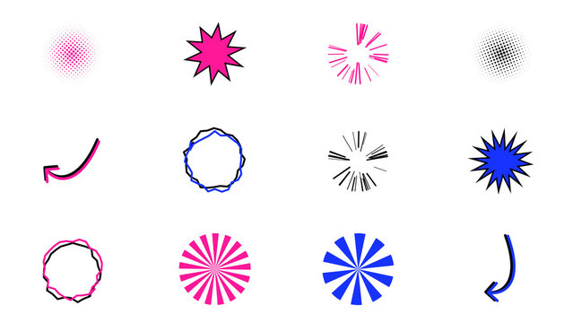Colorful comic style design elements with starbursts and irregular circles for creative graphic layouts.