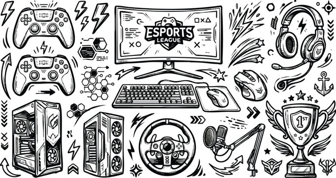 Esports gamer victory celebration vector icon set with controller, trophy, and confetti effects