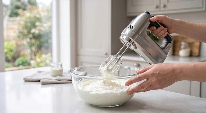 Whipping white cream with an electric hand mixer in a glass bowl. Baking preparation in a bright modern kitchen. Soft peaks texture close up
