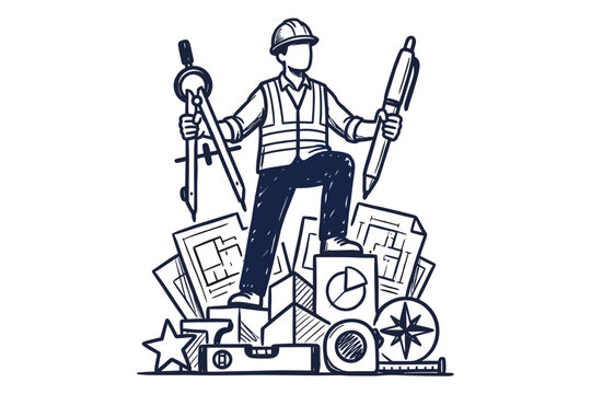 Architect engineer standing with giant drafting tools on blueprints sketch