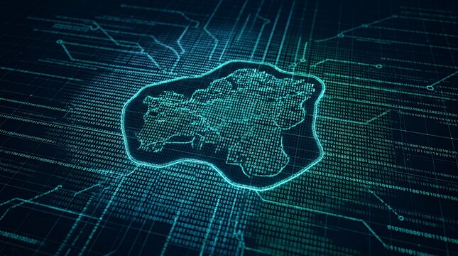Digital Boundary Map Rendered in Glowing Binary Code Data Visualization Grid Pattern digital map binary code map data visualization digital network technology background binary matrix data network