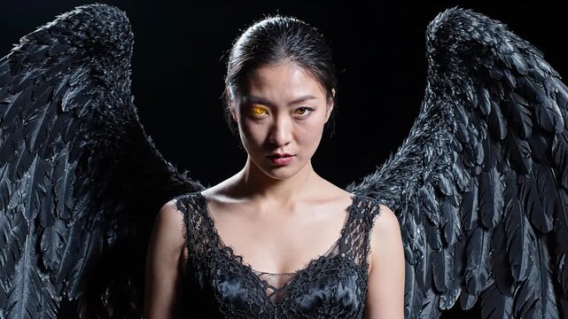 Fallen angel woman with black wings in dark fantasy setting