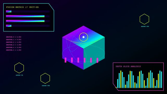 Synthetic perception displays shift across the digital interface where vibrant cubic geometry and glowing bar charts illustrate data processing cycles in a fast evolving virtual simulation environment