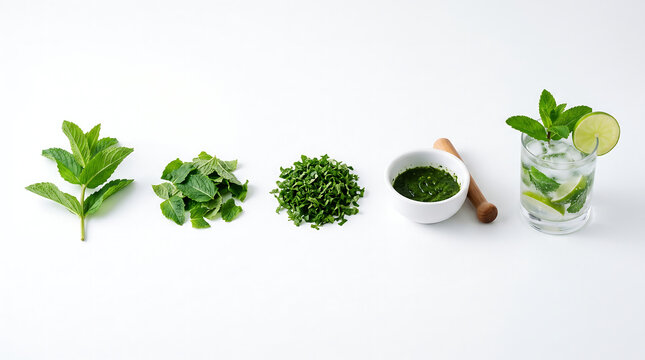 Fresh mint preparation stages for mojito cocktail step by step process from fresh leaves to crushed paste and finished refreshing drink on isolated white background