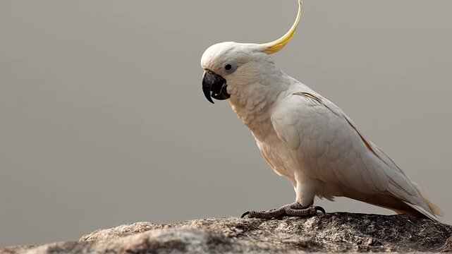White cockatoo perched on a textured rock surface.