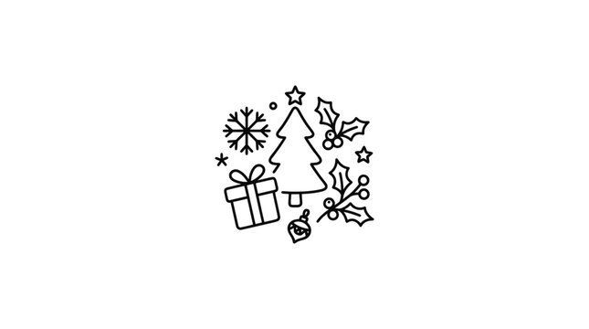 Christmas holiday symbols group in line art style