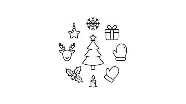Circular arrangement of Christmas holiday line art symbols