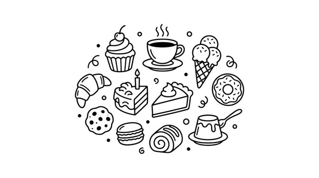 Circular arrangement of cafe breakfast and dessert line icons