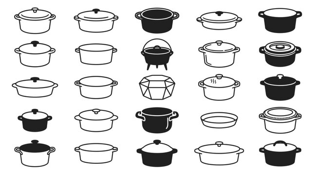 Dutch oven icons in line and silhouette styles.
