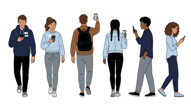 Diverse young people standing and using smartphones.