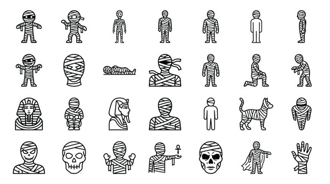 Egyptian mummy and ancient mythology line icons.