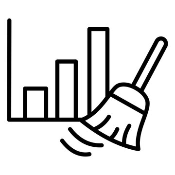 Bar chart with broom line icon, data cleansing and scrubbing bad data analytics outline vector