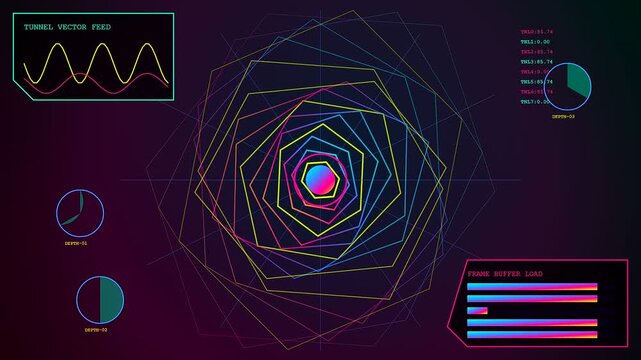 Synthetic perception emerges within a dynamic digital interface featuring rotating neon geometric shapes glowing waves and scrolling data analytics bars displayed on a dark virtual monitor