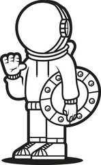 Fototapeta premium Astronaut waving while holding a UFO-shaped inflatable float ring, black and white line art vector illustration.