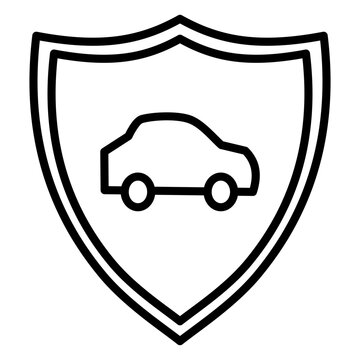 Shield with car line icon, automobile coverage and vehicle auto insurance outline vector