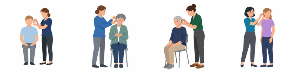 Fototapeta premium Set of flat vector illustrations of a hearing aid specialist fitting digital ear devices on patients of various ages and genders