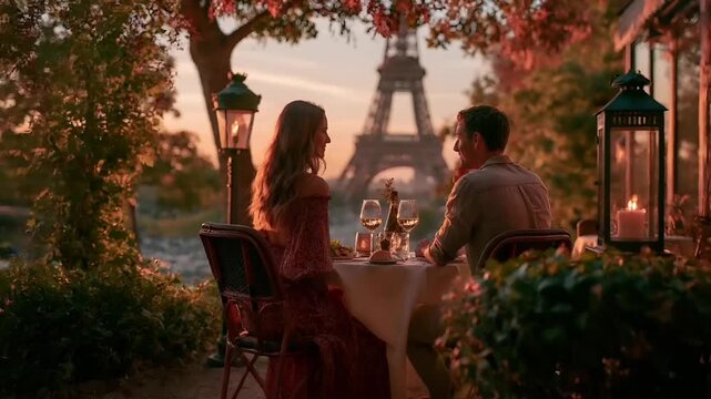 Paris, France, Europe. A romantic scene set in an outdoor cafe overlooking the Eiffel Tower at sunset. A man and a woman sit at a table, engaged in conversation. The woman wears a red lace dress.