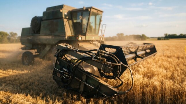 Combine harvester with hydraulic hoses, crimped couplers, steel fittings, and rubber lines in a grain field
