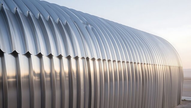 A curved exterior wall made of corrugated metal panels on a modern building structure