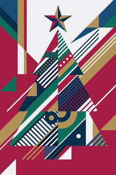 Abstract geometric Christmas tree on red background modern retro style vertical template