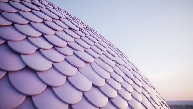 A spherical structure covered in repeating purple scale tiles against a soft light sky