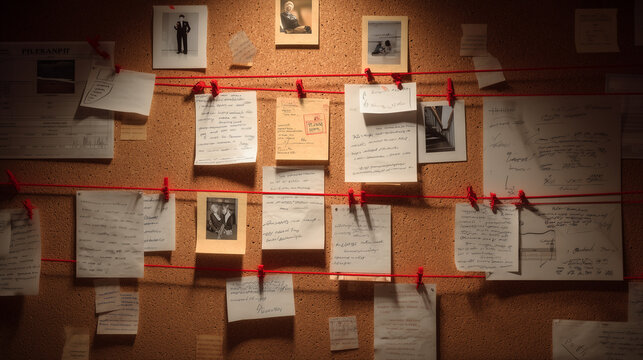 Forensic evidence photos pinned on brick wall for criminal investigation case analysis