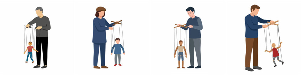 Fototapeta premium Set of People Controlling String Puppets and Marionettes Isolated on White Background