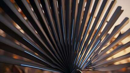 Obraz premium A close-up view of a black fan-like sculpture reveals the texture and detail of its radiating metal blades.