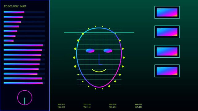 Three panels showing synthetic perception of human facial features with digital grid mapping and glowing gradients used for biometric identification on a dark screen interface