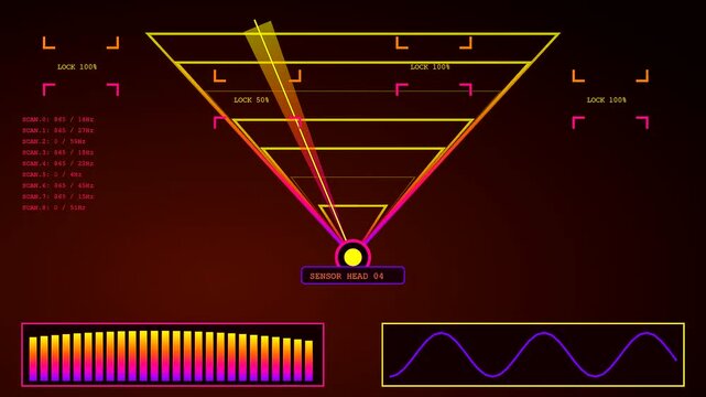 A digital screen displaying synthetic perception visual tracking data with multiple geometric scan areas and rhythmic audio waveform bars glowing in vibrant yellow and purple neon colors