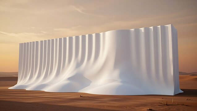 A long, white, flowing architectural element mimics draped fabric in a dusty desert environment during golden hour.