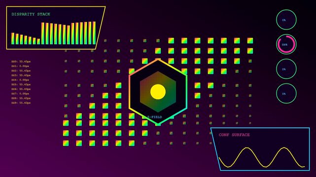 A digital synthetic perception display showing geometric data points shifting within a glowing hexagonal interface as circular meters rotate against a dark purple gradient ambient setting