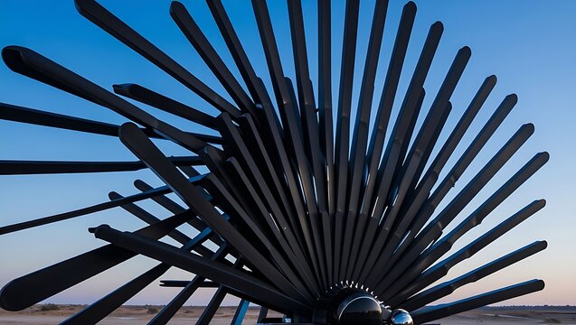A detailed view of a sprawling black metallic sculpture with numerous radiating arms, presented against a soft blue sky at dusk.