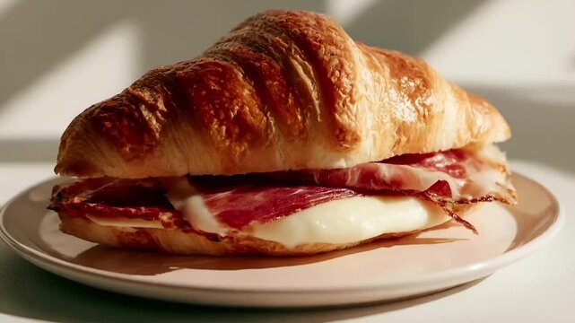 Paris, France, Europe. A closeup shot of a croissant sandwich on a white plate. The sandwich has a goldenbrown, flaky crust and is filled with thinly sliced ham and melted cheese.
