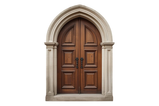 Arched wooden double door in carved stone frame