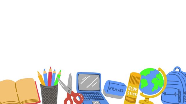 Animation of a school poster with school supplies and copy space. Looped.