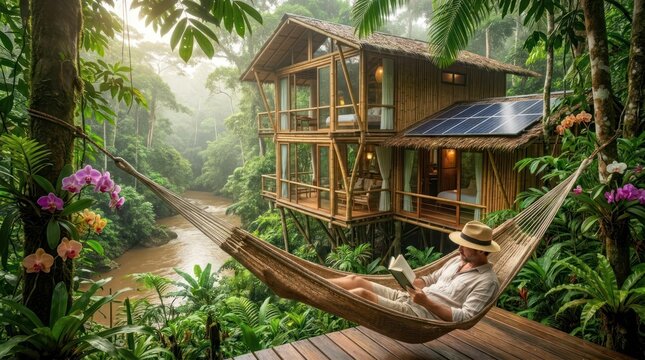 Man relaxing in hammock outside bamboo forest eco-house.