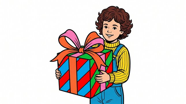 Pop Art Style Child Holding a Large Colorful Gift Box with a Big Bow