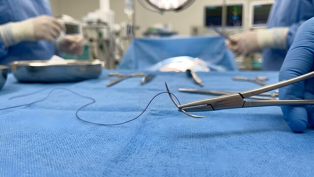 Close-up of a surgeon's gloved hand holding a needle holder with suture thread during an operation on a sterile blue surgical field with medical instruments.