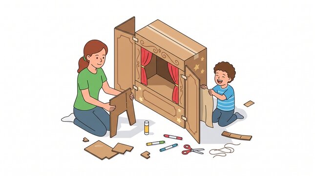 Mother and child building a cardboard puppet theater together with craft supplies