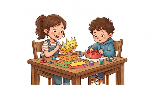 Two happy children crafting colorful crowns together at a wooden table with art supplies