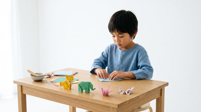 Young boy focused on making origami animals and butterflies with colorful paper on a wooden table