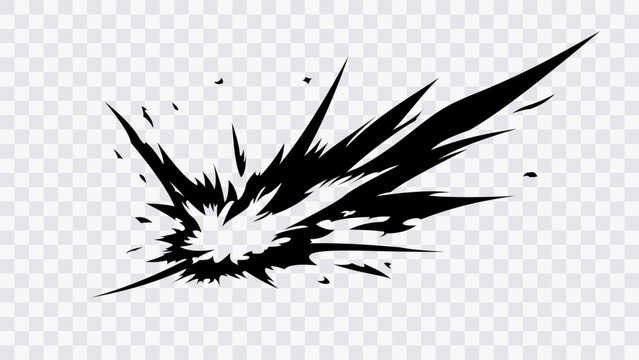 Black manga explosion impact effect with sharp energy spikes and dynamic brush strokes isolated on transparent background. Abstract anime action burst for comic scenes, visual effects.