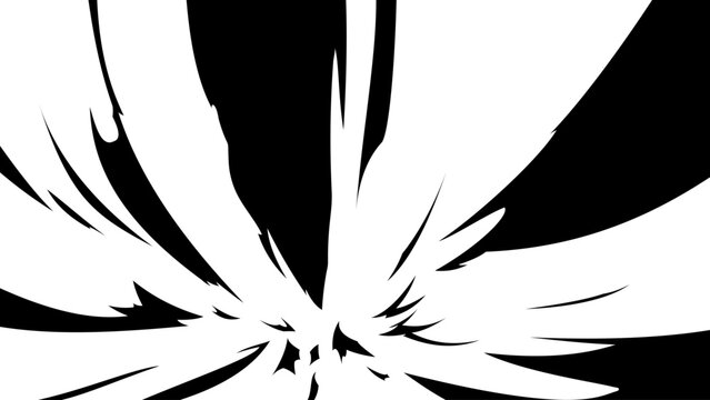Black and white manga impact explosion effect with sharp sweeping burst shapes and powerful radial motion. Dynamic anime-style action background designed to emphasize force, energy, speed, shock.