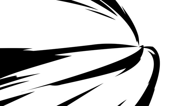 Dynamic black and white manga action effect with sharp sweeping lines converging toward a central point, creating a strong sense of speed, motion, impact and energy.