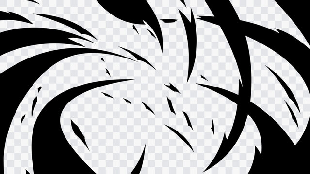 Dynamic black abstract manga motion lines with sharp curved shapes, energetic movement and transparent background.