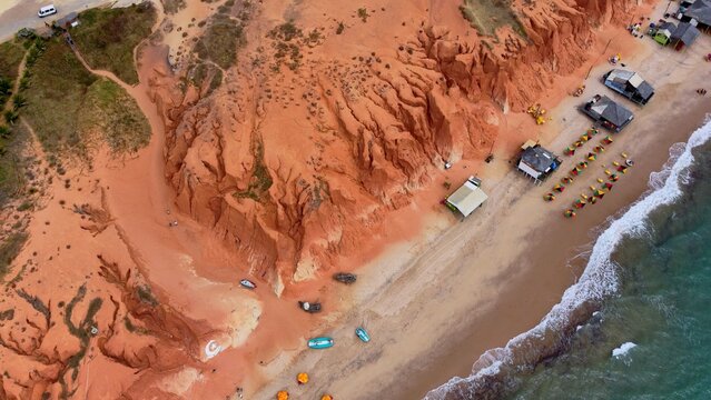 Aerial view of erosion at cliff in Canoa Quebrada, a Brazilian beach